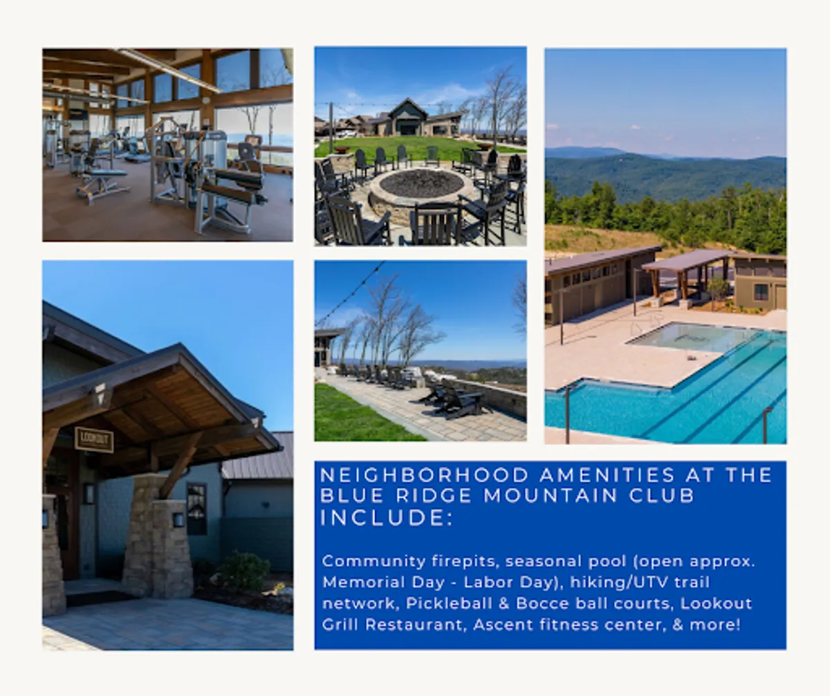 A vibrant interior setting featuring fitness center equipment, a fire pit seating area, swimming pool, and the restaurant entrance. The combination of wellness, community, and activity options is showcased alongside panoramic sunset views from the fire pit.